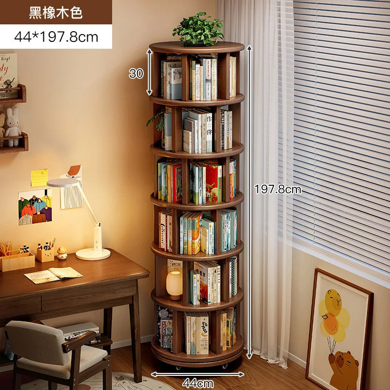 Solid Wood Rotating Bookshelf 360 Degree Floor-Standing Bookcase Storage Rack Movable Corner Children'S Small Narrow Cabinet