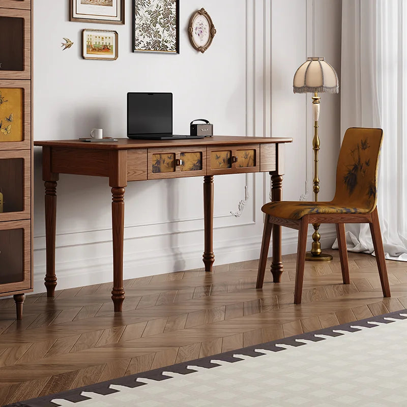 Home Office Desk Set Elegant Vintage Study Furniture Upholstered Chair Wooden Writing Desk Drawer Computer