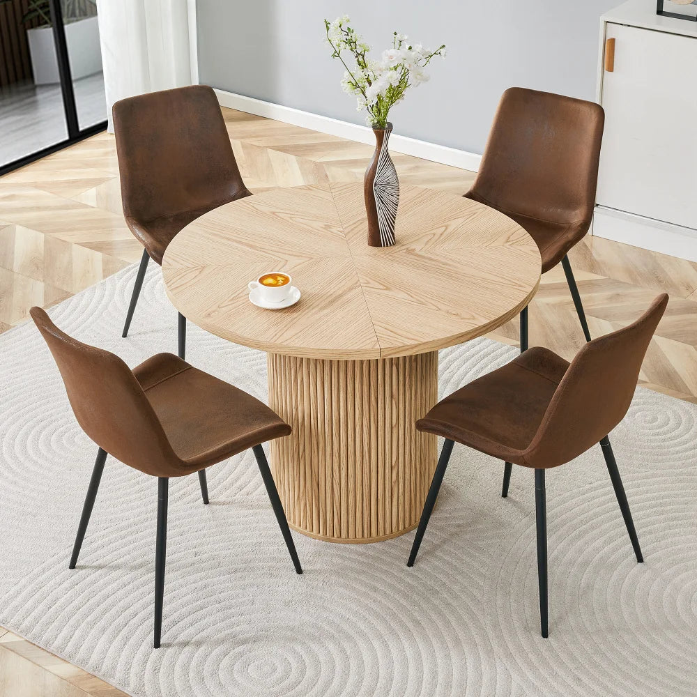 Minimalist Light Wood round Dining Table Set 100 Cm MDF Table with 4 Grey Synthetic Leather Wide Seat Chairs for Modern Home
