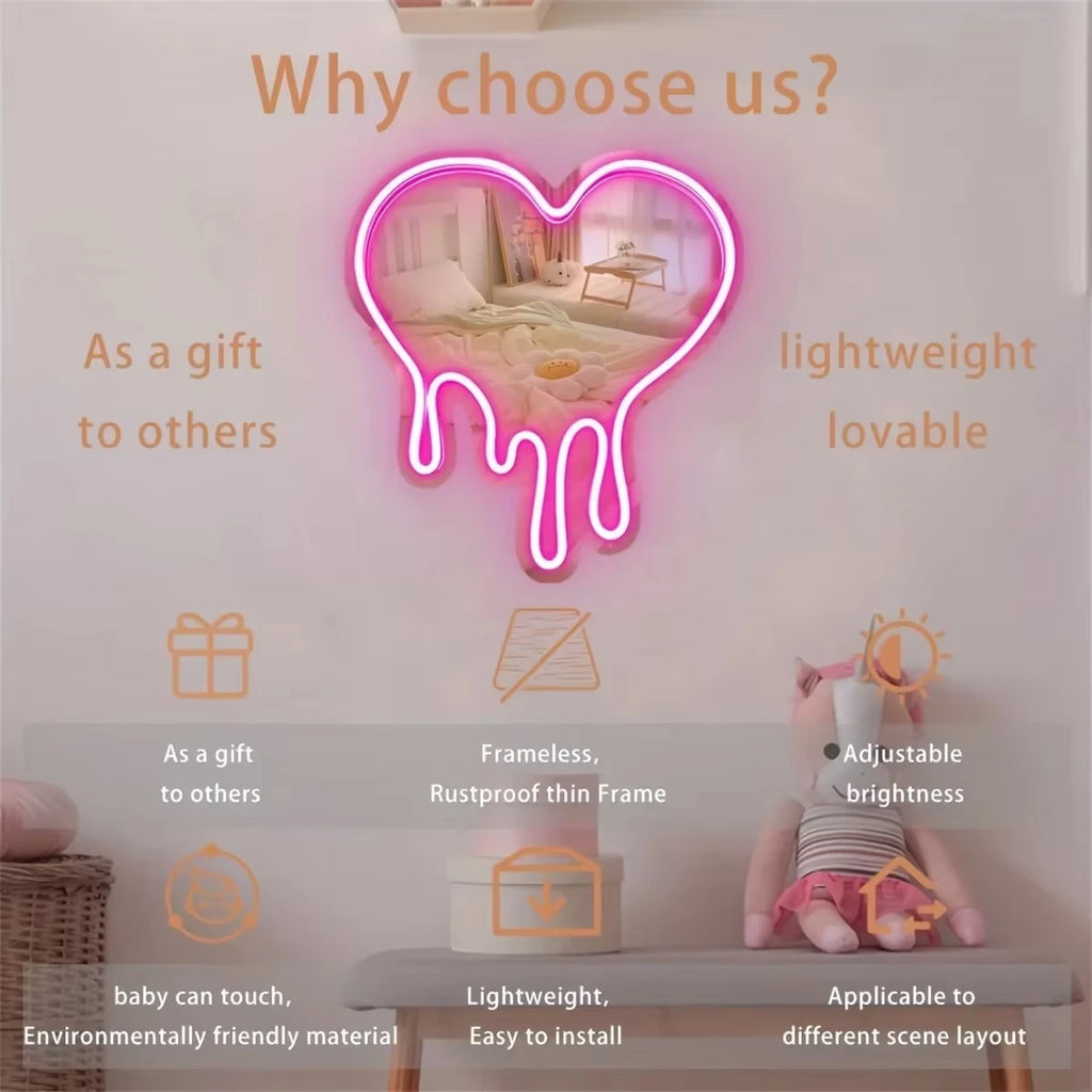 Melting Heart Mirror Neon Sign USB Dimmable LED Neon Lights for Home Bedroom Girl'S Room Party Studio Shop Decor Birthday Gift