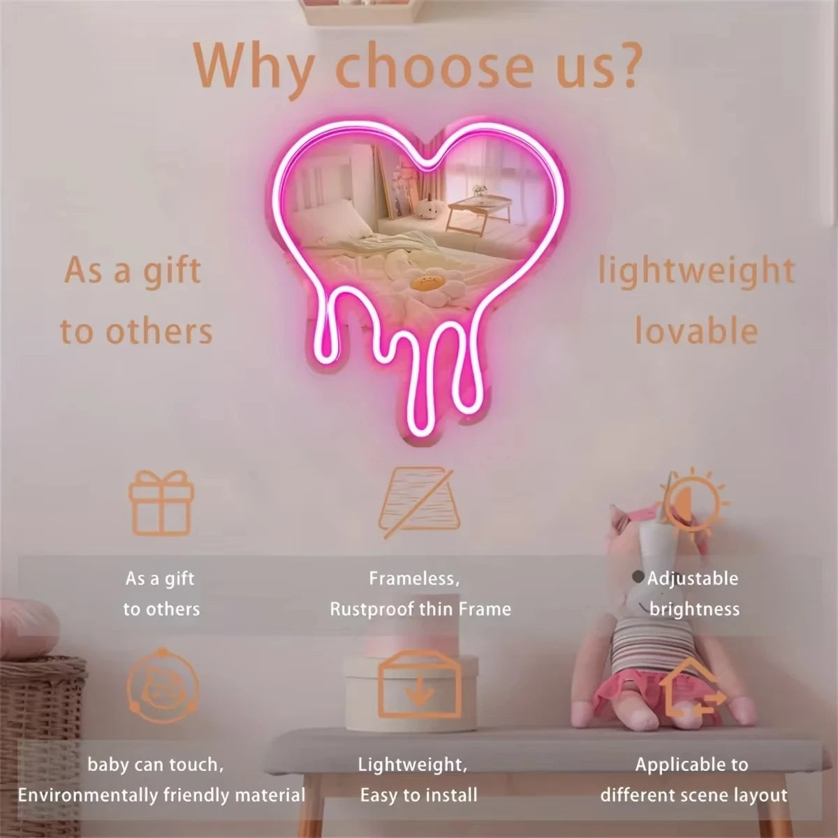 Melting Heart Mirror Neon Sign USB Dimmable LED Neon Lights for Home Bedroom Girl'S Room Party Studio Shop Decor Birthday Gift