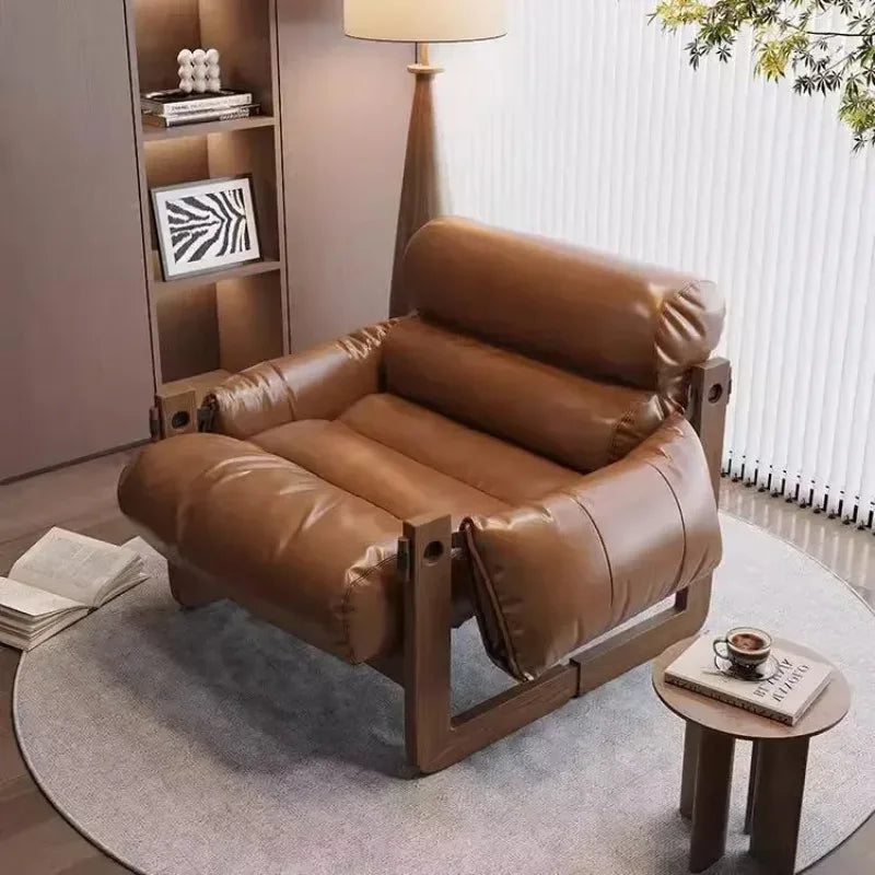 Solid Wood Frame Jersey Island Chair, Vintage Leather Single Sofa, Living Room Antique Leather Sofa, Casual Lazy Sofa