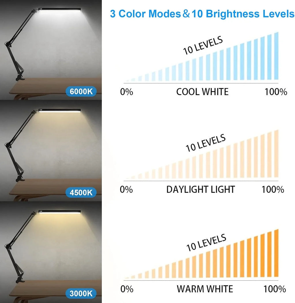 LED Folding Metal Desk Lamp Clip on Light Clamp Long Arm Diming Table Lamp 3 Colors Adjustable for Living Room Reading Computers