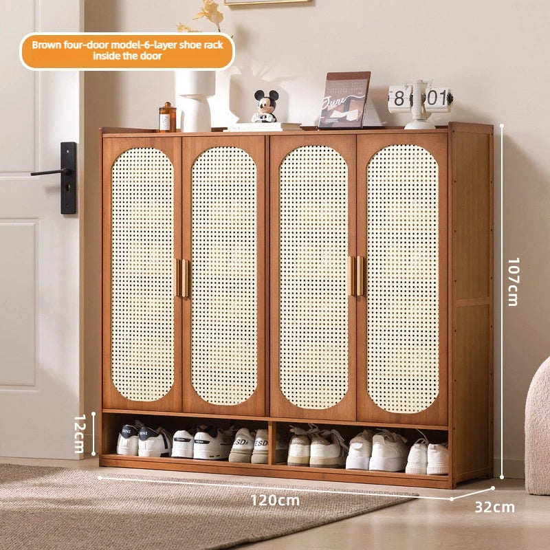 Multi Layer Bamboo Antique Style Shoe Cabinet, Rattan Breathable Shoe Cabinet, Living Room Kitchen Dining Room Storage Cabinet
