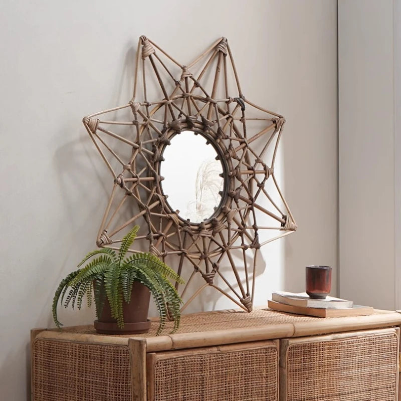 Retro Rattan Weaving Mirror Modern Simple Decorative Mirrors Stylish Designer Makeup Mirror Espejo Decorativo Home Decoration