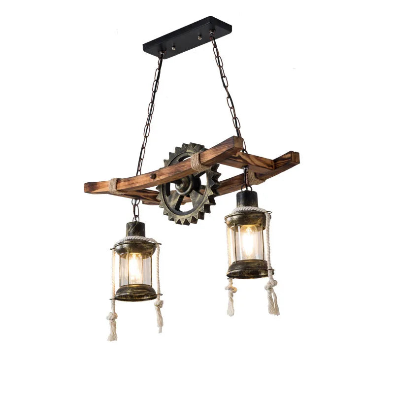 Double Headed Restaurant Vintage Chandelier Retro Cafe Bar Wooden Loft Pendant Lamp Creativity Gear Glass Pendant Light