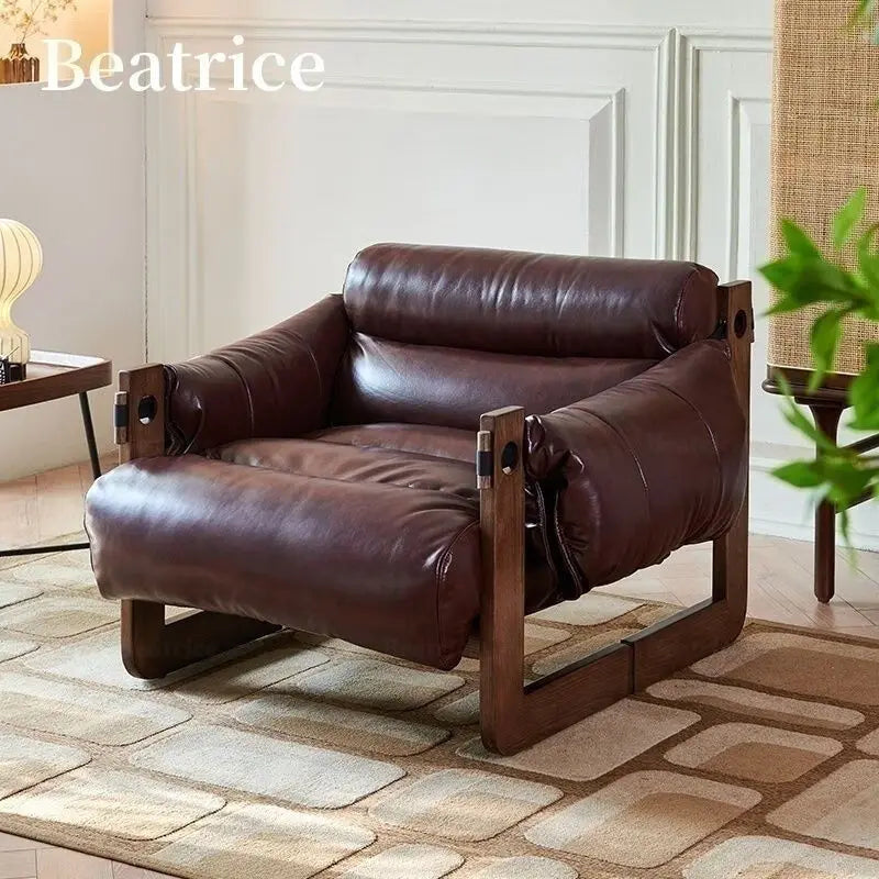 Solid Wood Frame Jersey Island Chair, Vintage Leather Single Sofa, Living Room Antique Leather Sofa, Casual Lazy Sofa