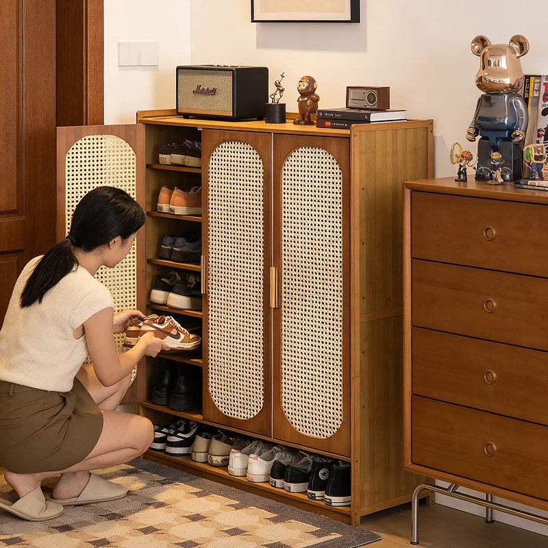 Multi Layer Bamboo Antique Style Shoe Cabinet, Rattan Breathable Shoe Cabinet, Living Room Kitchen Dining Room Storage Cabinet