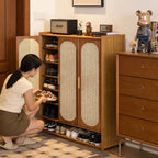Multi Layer Bamboo Antique Style Shoe Cabinet, Rattan Breathable Shoe Cabinet, Living Room Kitchen Dining Room Storage Cabinet