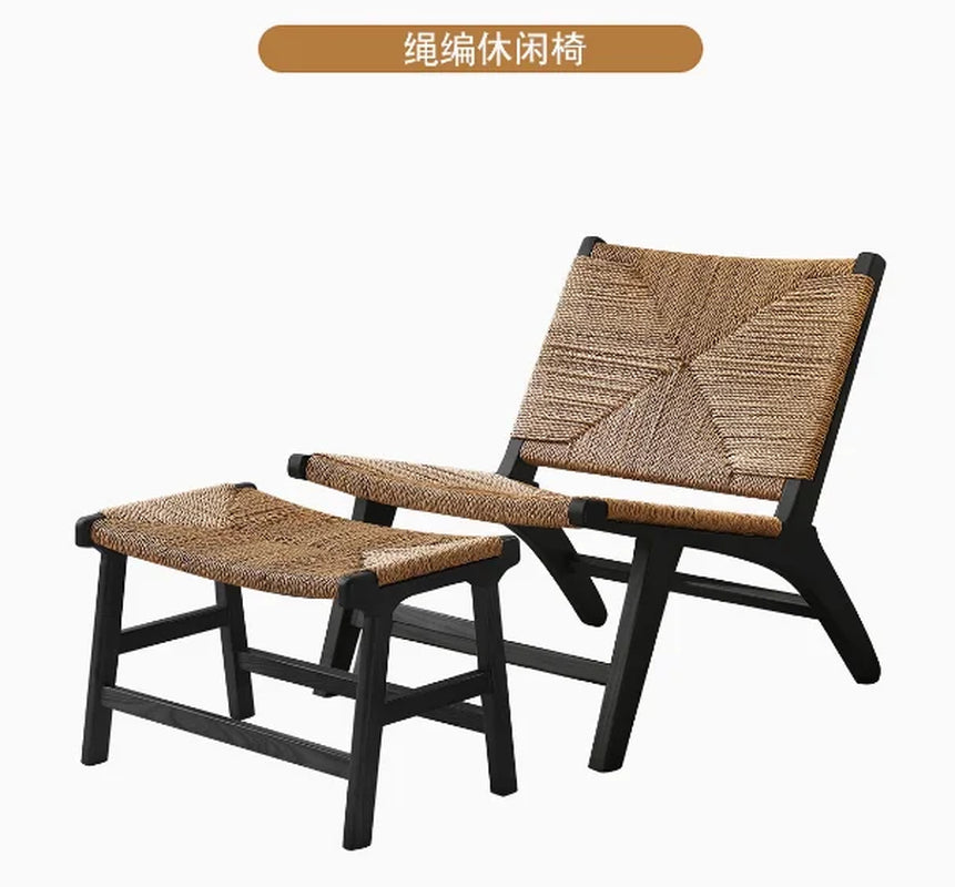 PYH Retro Rattan Woven Recliner Solid Wood Single Sofa Chair for Homestay Hotel Home Use Leisure Chair