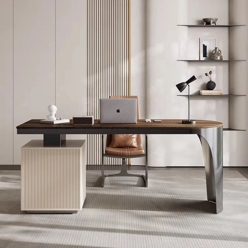 Solid Wood Desk Luxury Modern Home Study Computer Table Designer Simple High-End Stainless Steel Office Desk Furniture FYDD