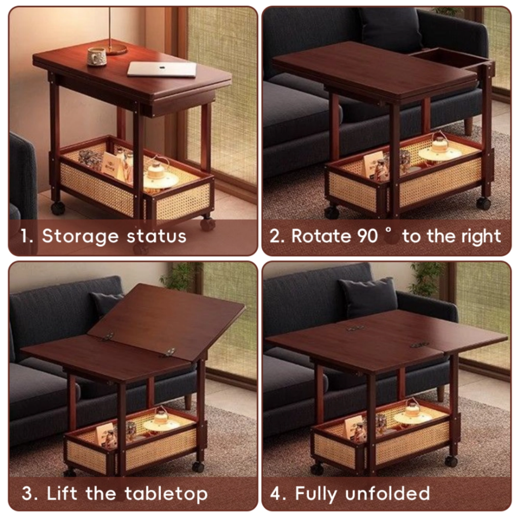 Vintage Bamboo Folding Side Table with Shelf, Rolling Accent Table on Wheels