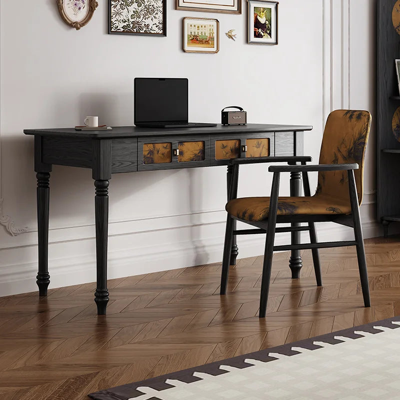 Home Office Desk Set Elegant Vintage Study Furniture Upholstered Chair Wooden Writing Desk Drawer Computer