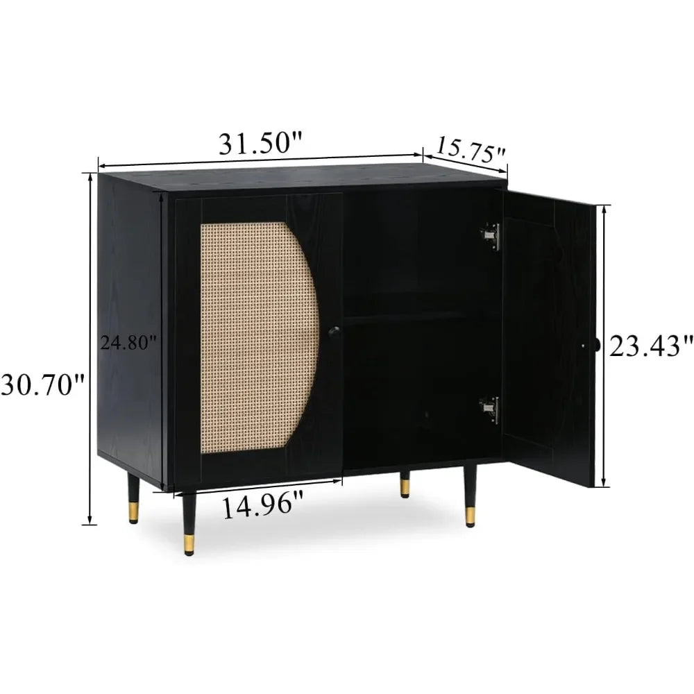 Black Sideboard Cabinet with Rattan Decor Doors, Buffet Table with Storage