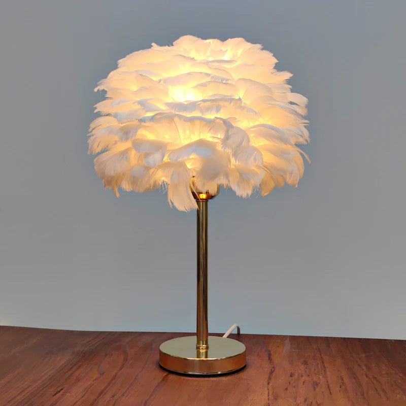 White Feather Lamp with Plug Powered Modern Table Lamp Cute Romantic Bedside Light for Girl Room Childrens Room Wed Decorat
