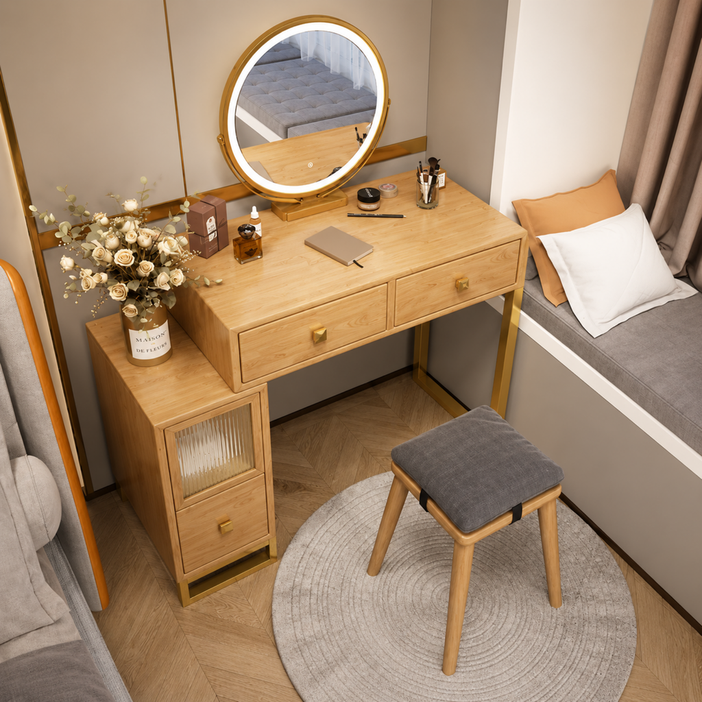 Modern solid wood dressing table and makeup vanity with storage, small bedroom vanity desk, wooden makeup table and Chinese style bedroom furniture
