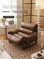 Solid Wood Frame Jersey Island Chair, Vintage Leather Single Sofa, Living Room Antique Leather Sofa, Casual Lazy Sofa