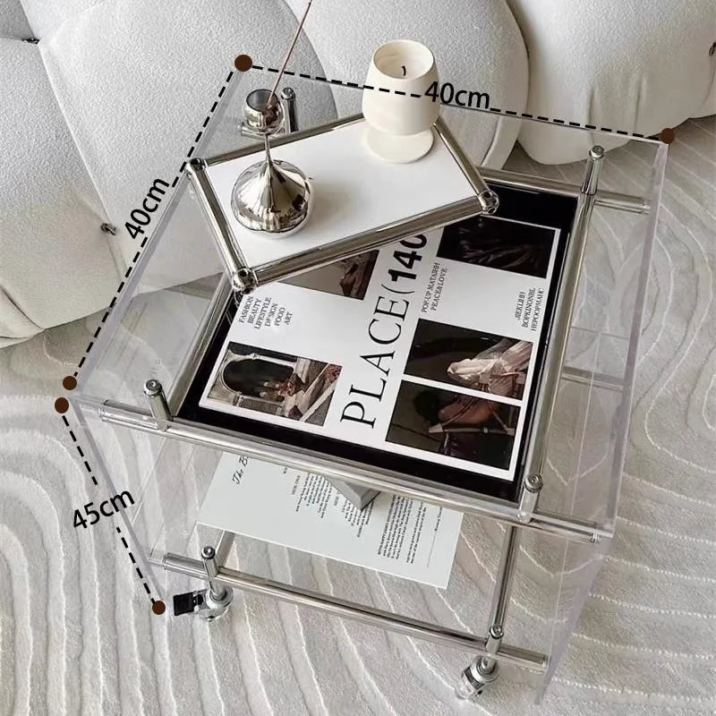 Acrylic 2-Tier Rolling Side Table, Mobile Storage Cart for Couch, Small Space-Saving Coffee Table with Wheels, Clear for Home
