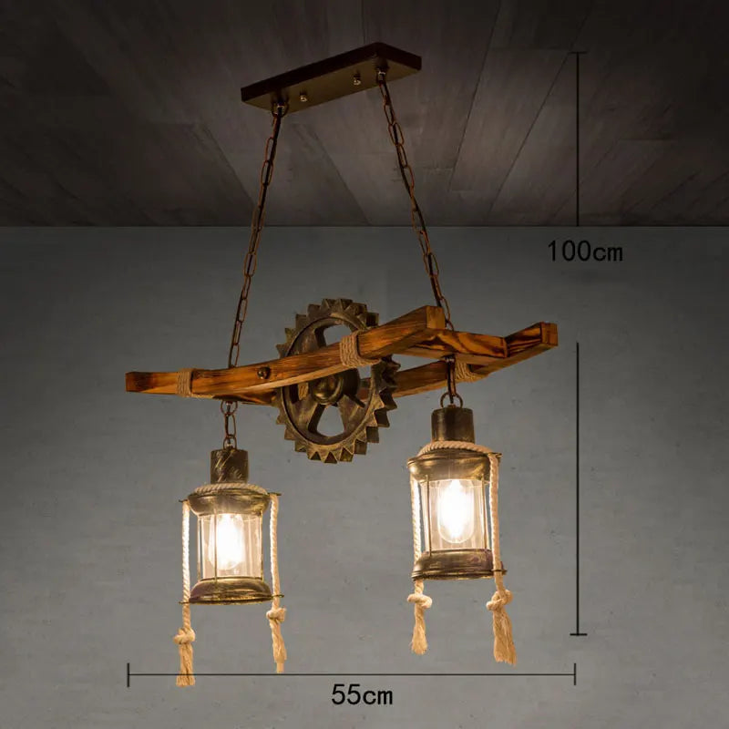 Double Headed Restaurant Vintage Chandelier Retro Cafe Bar Wooden Loft Pendant Lamp Creativity Gear Glass Pendant Light