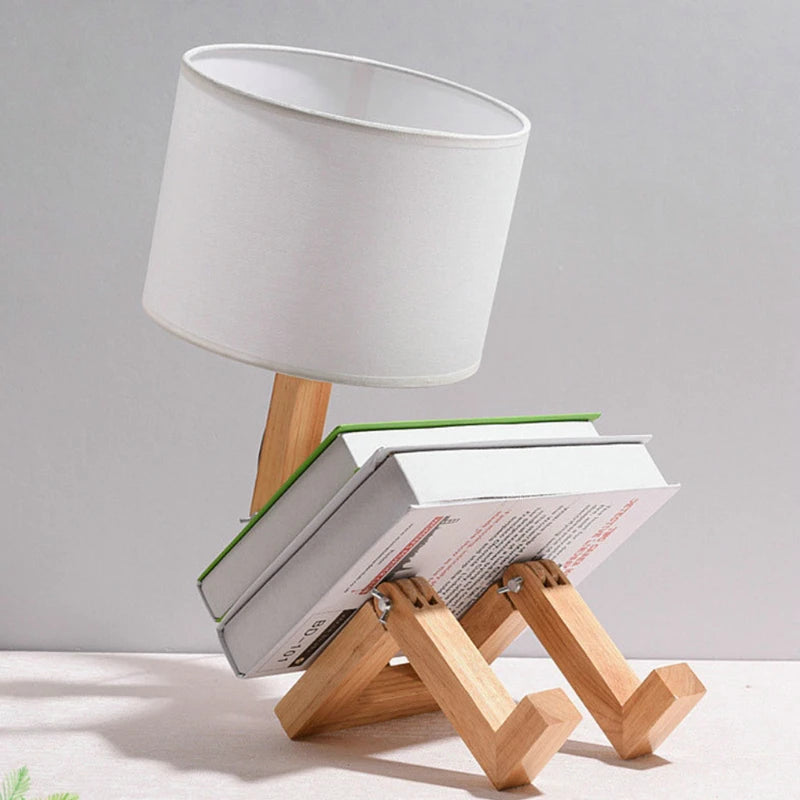 Modern Cloth Art Wood Desk Table Lamp Robot Shape Wooden Table Lamp Decor Luminaires Parlor Study Bedroom Night Light
