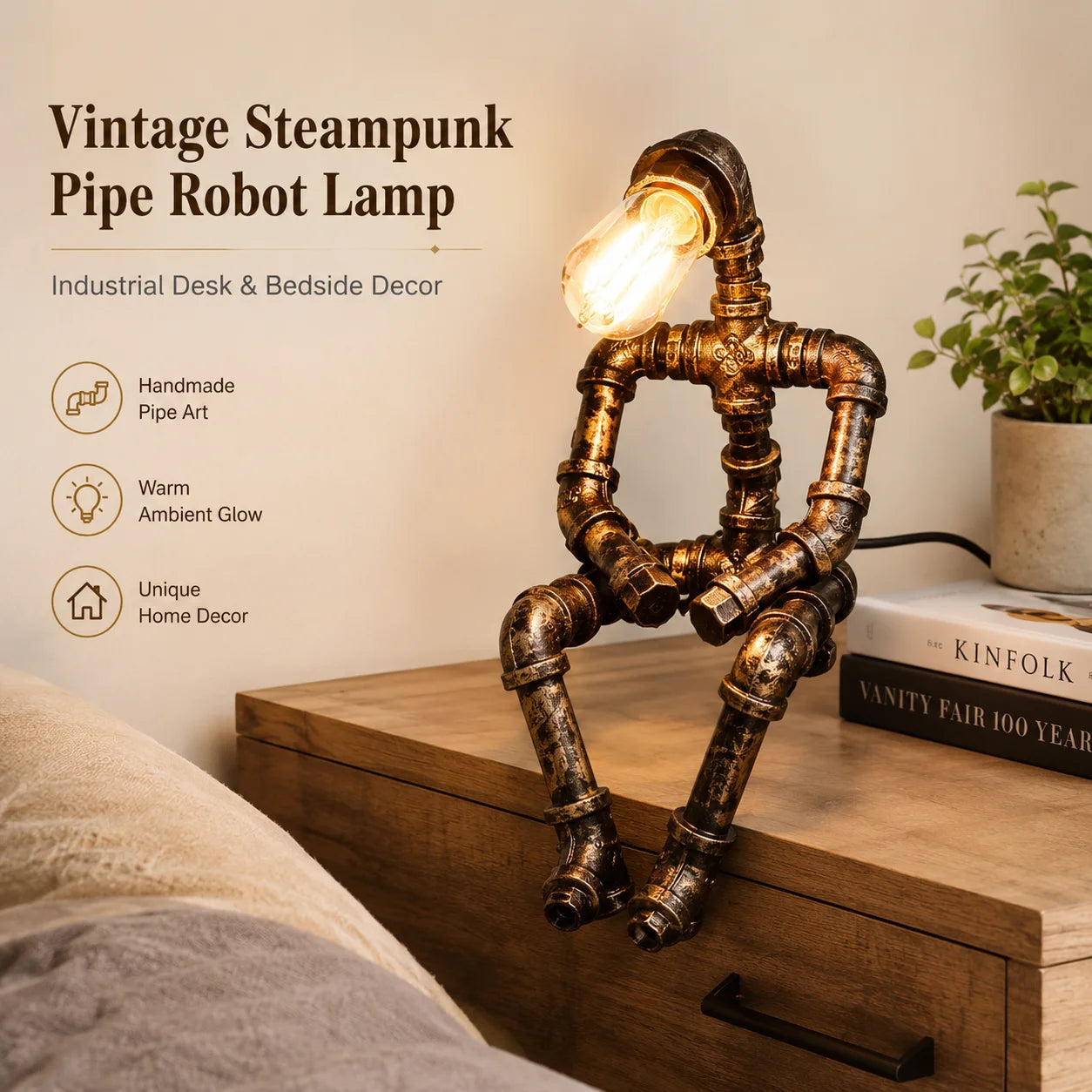 Vintage Steampunk Pipe Robot Desk Lamp Industrial Bedside Table Light for Bedroom Cafe Decor