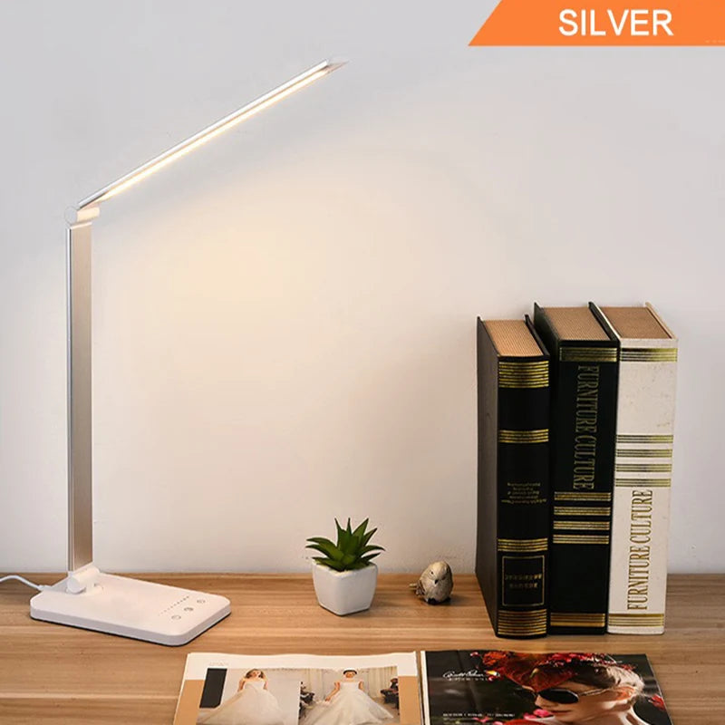 LED Metal Folding USB Desk Lamp, 5-Speed Dimming and Color Adjustment, Touch Reading Light, Eye Protection.