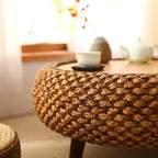 Handcrafted round Rattan Coffee Table Japanese Floor Tea Table for Living Room Bay Window Balcony or Small Spaces Natural Finish