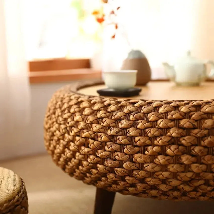 Handcrafted round Rattan Coffee Table Japanese Floor Tea Table for Living Room Bay Window Balcony or Small Spaces Natural Finish
