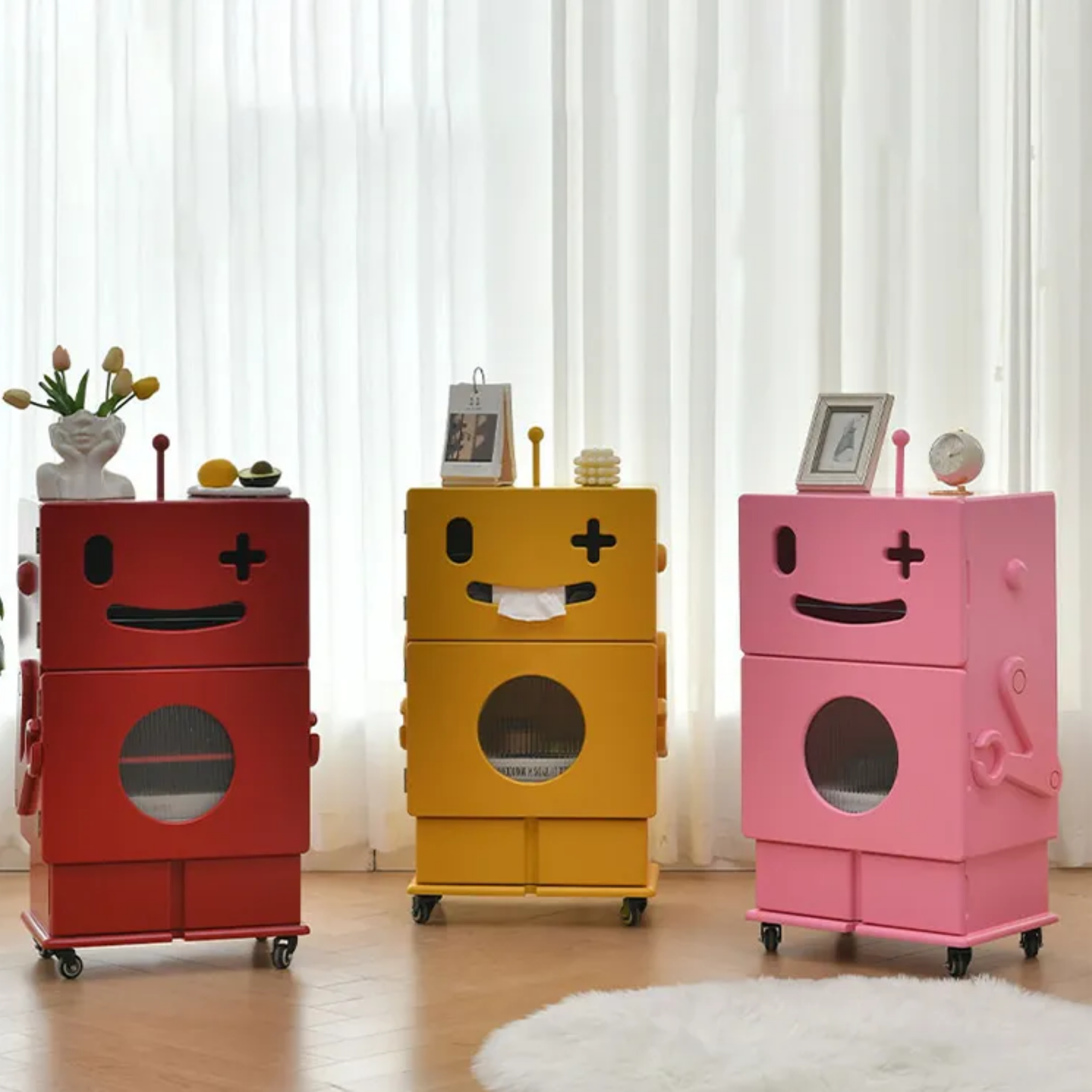 Creative robot side table with 2-tier storage, built-in tissue holder, mobile wheels, MDF construction and modern accent design for living room and sofa