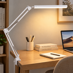 LED clip-on desk lamp with adjustable long arm and clamp base, modern table light for computer desk, reading and workspace lighting