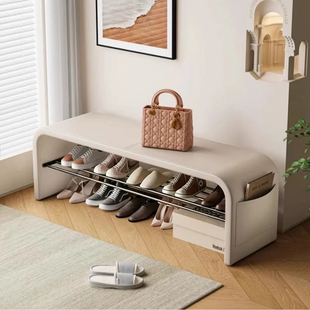 Modern Scandinavian shoe bench with PU leather seat, 1-tier shoe storage shelf, metal frame and side pocket for entryway, hallway, mudroom and bedroom