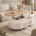 Modern Scandinavian oval lift-top coffee table with three drawers, solid wood construction and hidden storage for a contemporary living room