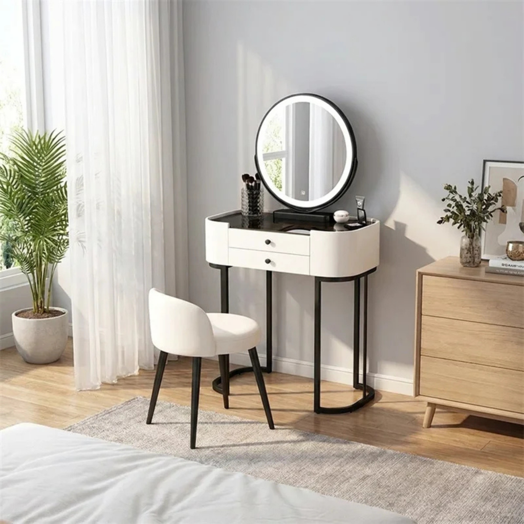 Modern makeup vanity set with LED mirror, 2 drawers and PU leather stool, minimalist bedroom dressing table, makeup desk and beauty vanity furniture for modern home interiors.