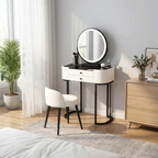 Modern makeup vanity set with LED mirror, 2 drawers and PU leather stool, minimalist bedroom dressing table, makeup desk and beauty vanity furniture for modern home interiors.