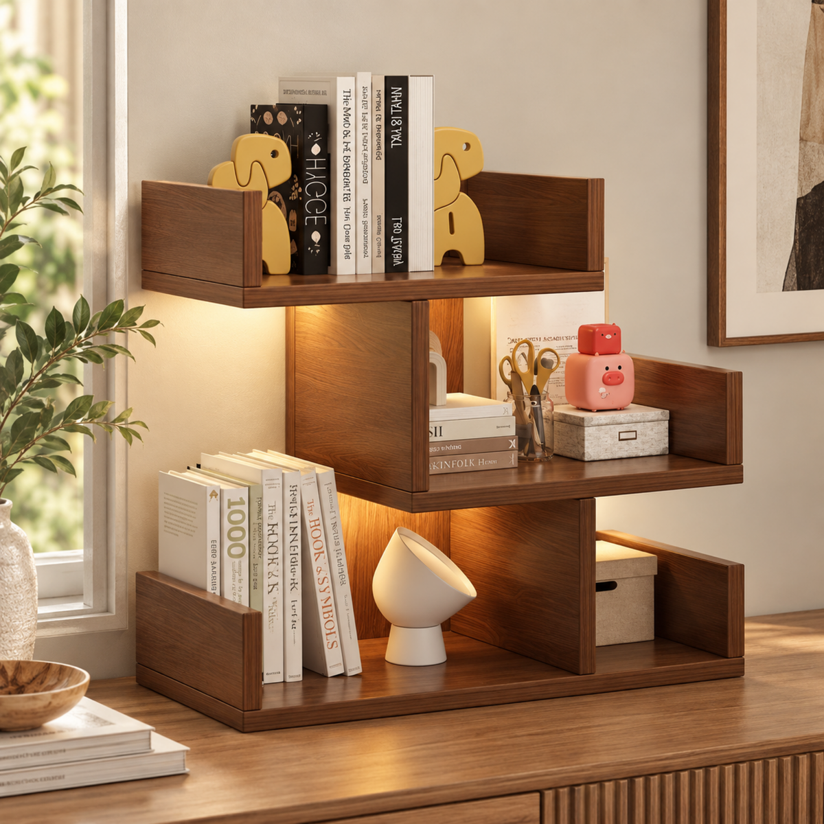 Modern minimalist 3-tier MDF bookshelf with 4 storage compartments, compact book storage shelf for home office, bedroom, living room and small spaces