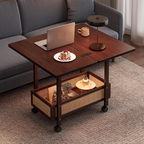 Vintage bamboo folding side table with one open shelf and rolling wheels, space-saving accent table for living room and bedroom