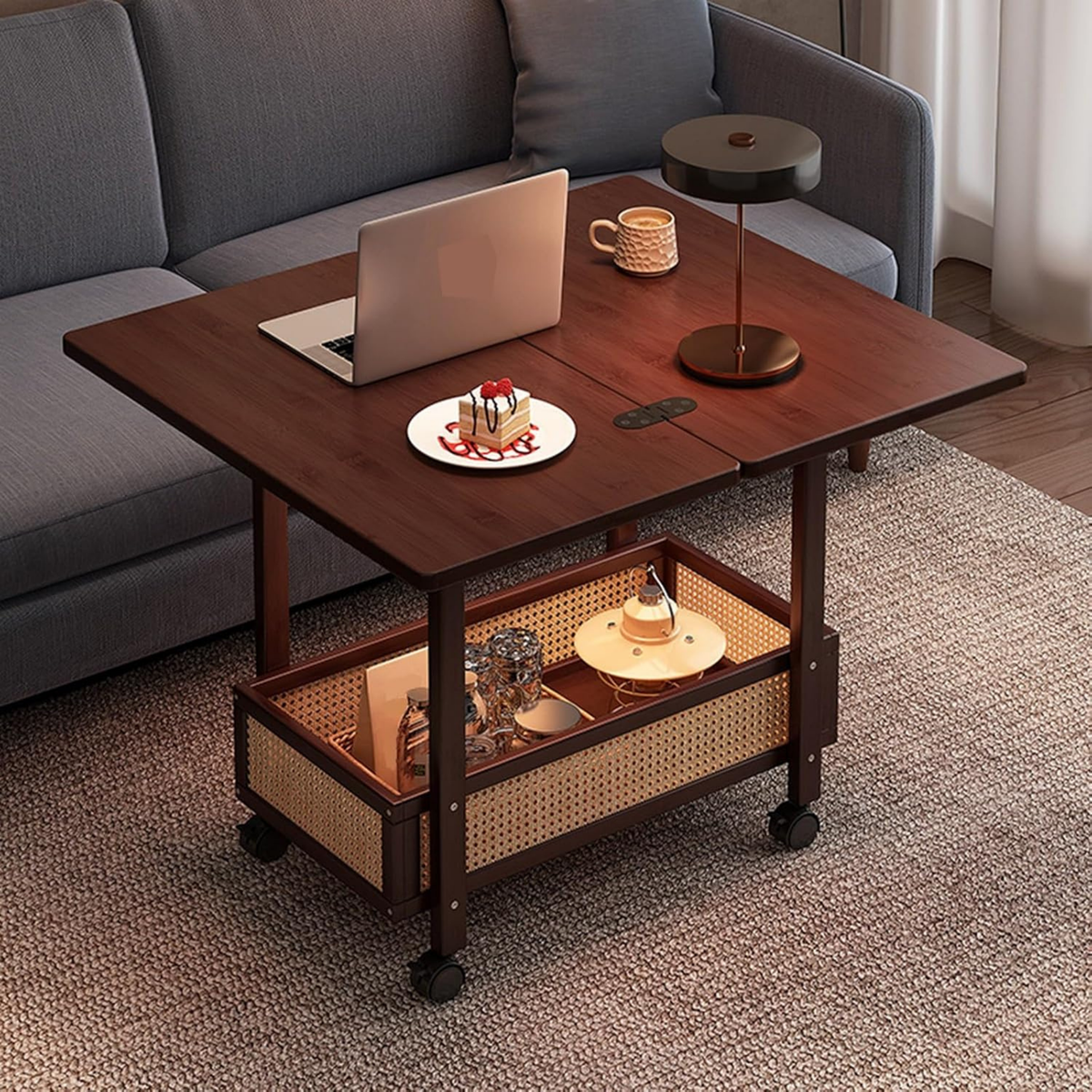 Vintage bamboo folding side table with one open shelf and rolling wheels, space-saving accent table for living room and bedroom