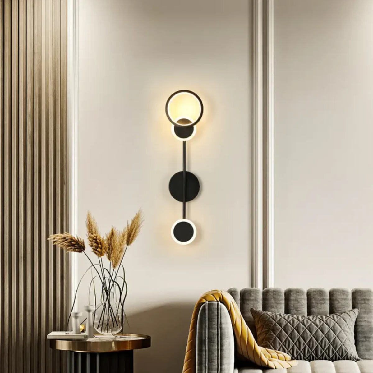 Modern geometric LED wall sconce with acrylic shade, luxury black and gold wall light for bedroom and contemporary interior lighting