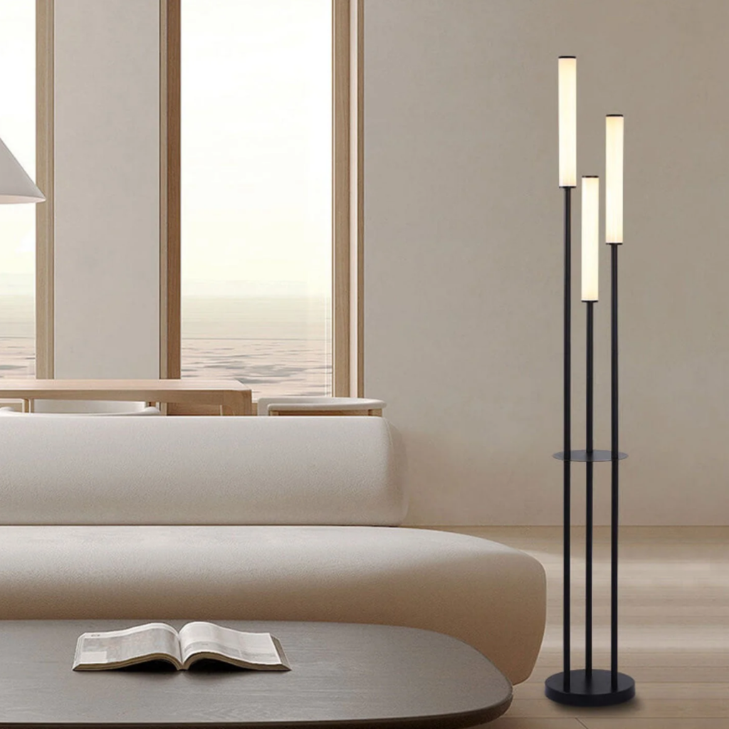 Modern 3-light LED floor lamp with long bar design, acrylic shades and remote-controlled dimming for contemporary living room and bedroom lighting