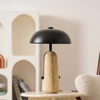 Japanese Mushroom Table Lamp with Travertine or Marble Base, Iron Shade