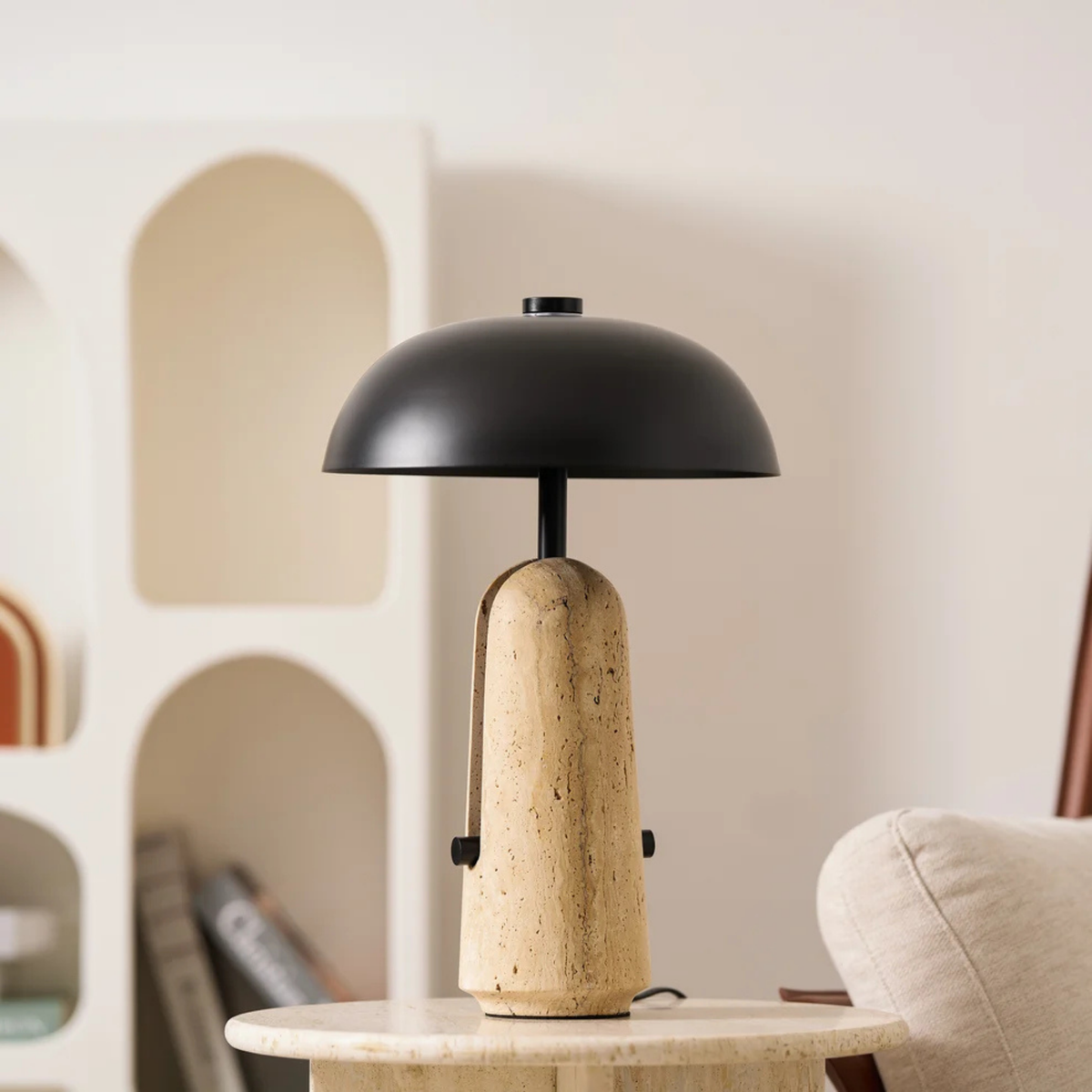 Japanese Mushroom Table Lamp with Travertine or Marble Base, Iron Shade
