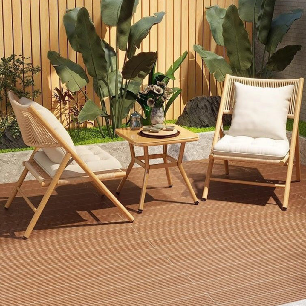 Modern Chinese style outdoor patio table and chair set with PE rattan, tempered glass table, carbon steel frame, two folding chairs, removable cushions, garden balcony and terrace furniture
