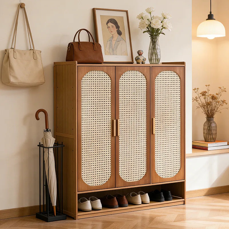 Multi Layer Bamboo Antique Style Shoe Cabinet, Rattan Breathable Shoe Cabinet, Living Room Kitchen Dining Room Storage Cabinet