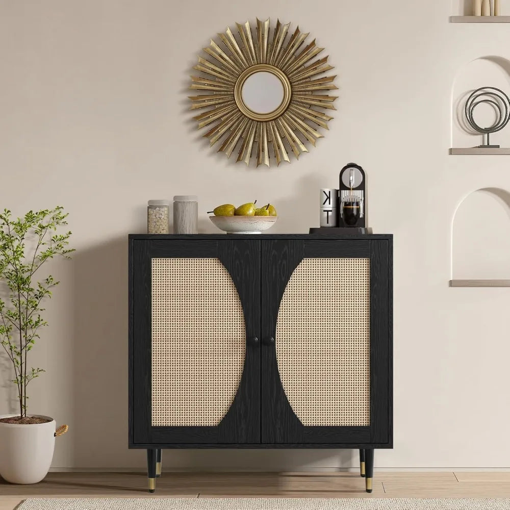 Black Sideboard Cabinet with Rattan Decor Doors, Buffet Table with Storage