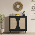 Black Sideboard Cabinet with Rattan Decor Doors, Buffet Table with Storage