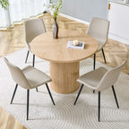 Minimalist Light Wood round Dining Table Set 100 Cm MDF Table with 4 Grey Synthetic Leather Wide Seat Chairs for Modern Home