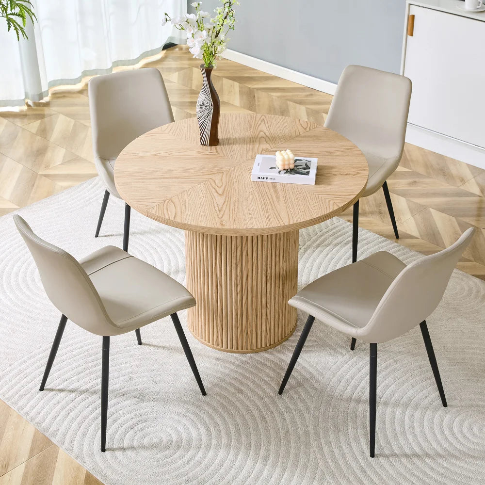 Minimalist Light Wood round Dining Table Set 100 Cm MDF Table with 4 Grey Synthetic Leather Wide Seat Chairs for Modern Home