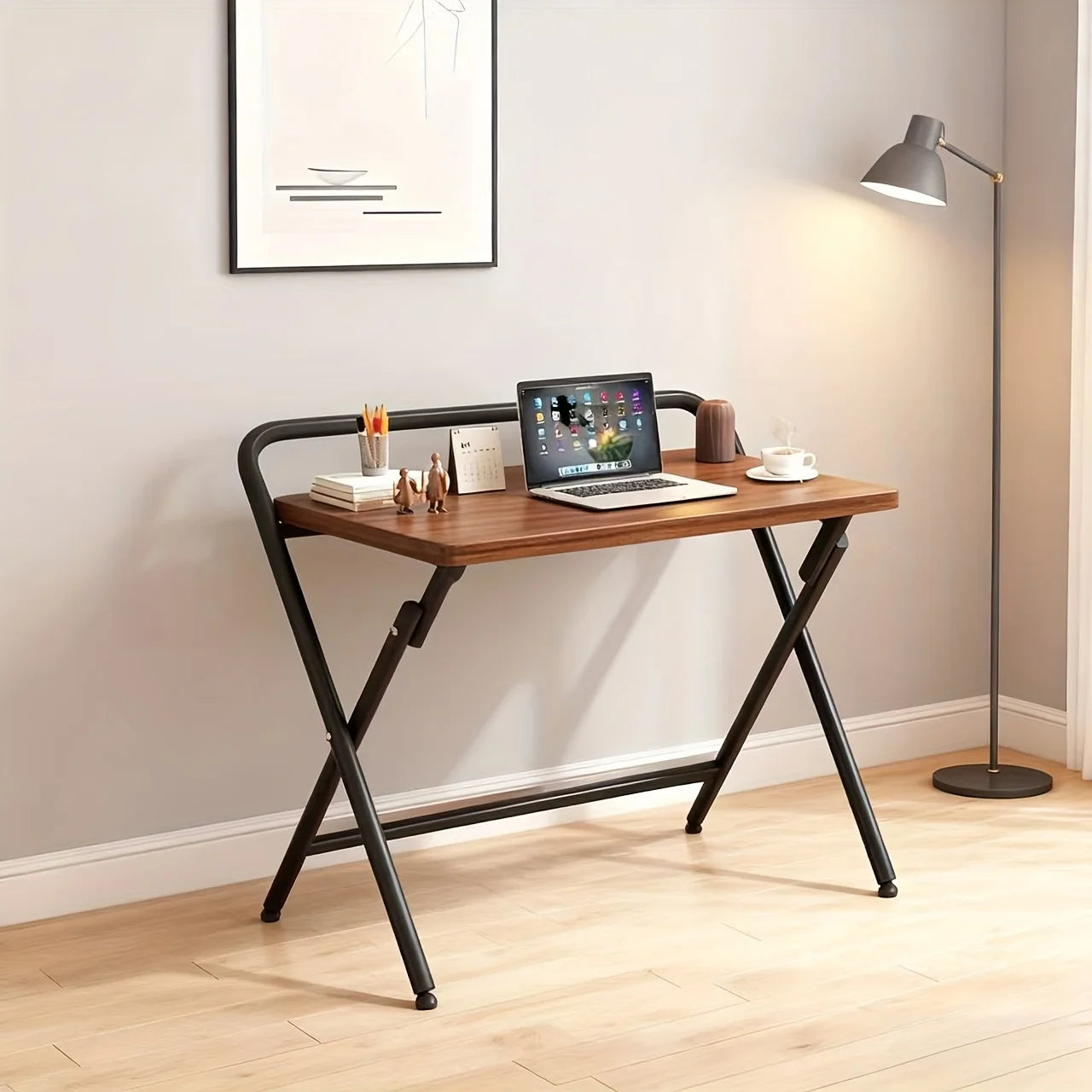 Folding Computer Desk, Simple and Modern Home Desk, Small Apartment Study/Office Desk, Wrought Iron and Solid Wood Grain