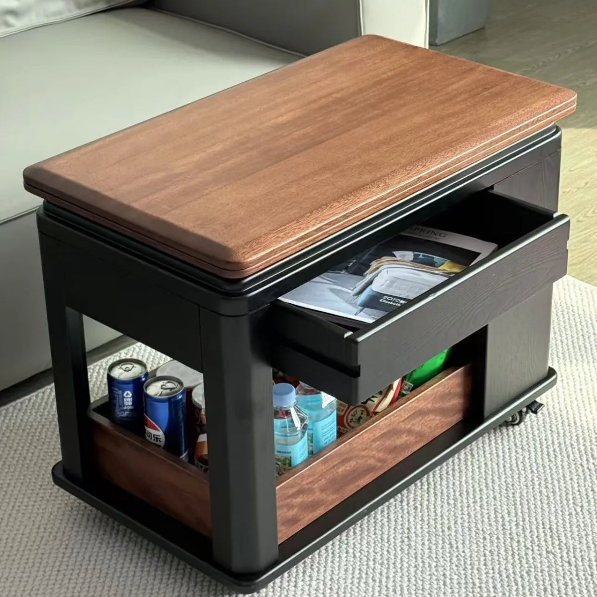Solid Wood Sofa Trolley Simple Living Room Multi-Functional Mobile Folding Small Apartment Tea Table Antique Household Coffee Ta
