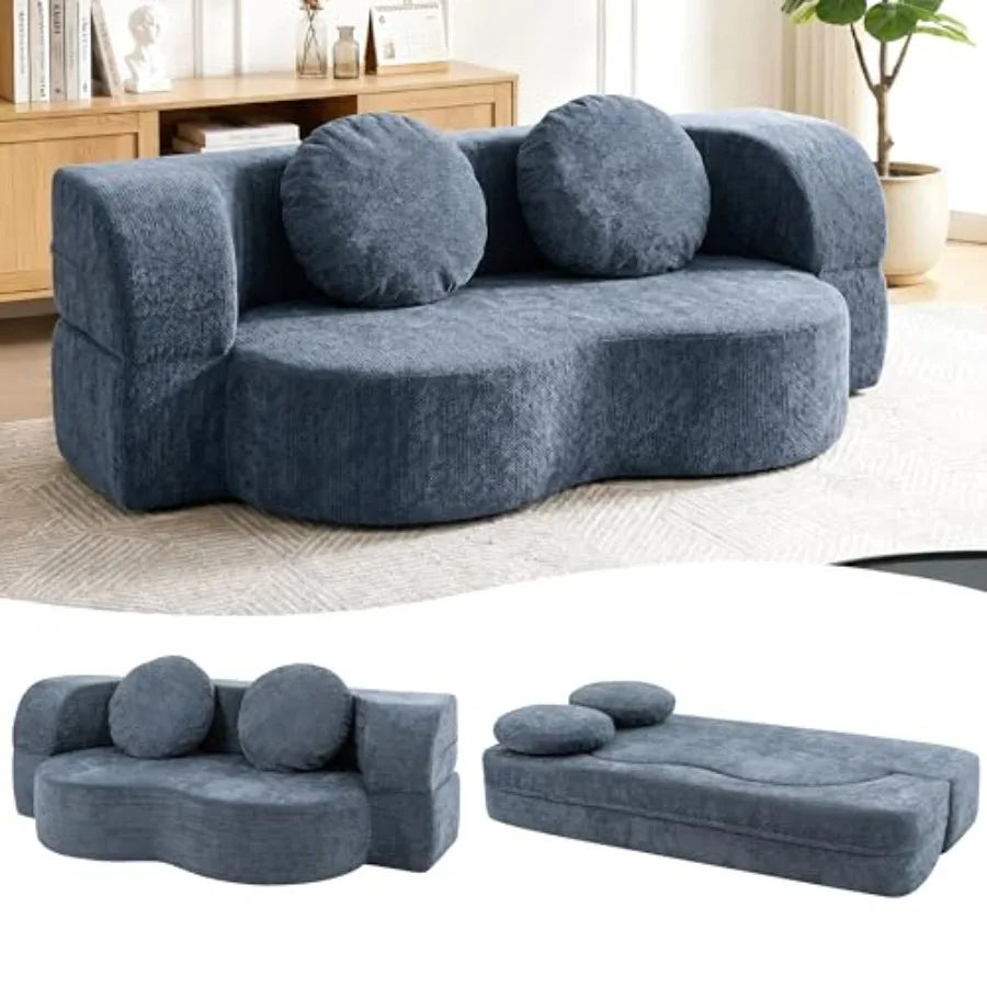77" Convertible Folding Sofa Bed with 2 Pillows, Full Size Sleeper Boneless Futon Sofa, Loveseat Floor Couch Memory Foam, 2-In-